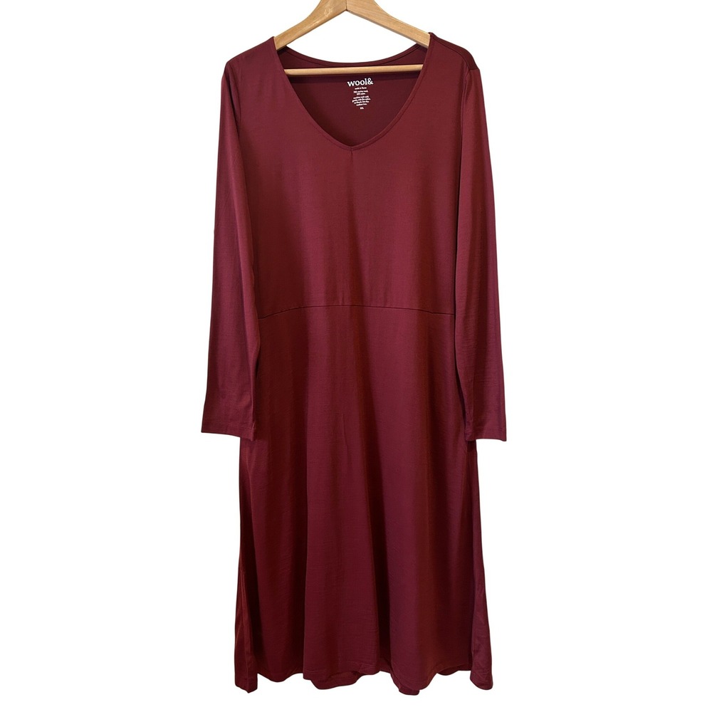 Wool& WoolAnd Talia Dress XXL Burgundy Merino Wool Long Sleeve V-Neck Pockets